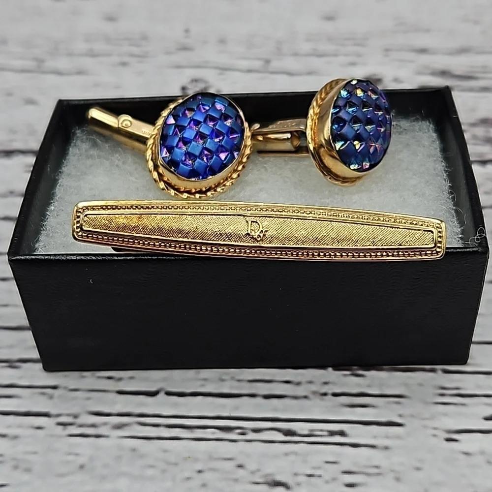 Vintage Chrisitan Dior Gold Tone & Sodalite Cufflinks withgold tone tie bar set - Picture 1 of 6